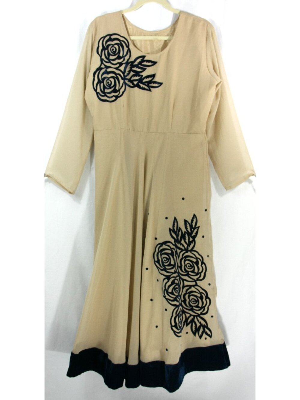 Vintage Beige and Blue Rose Floral Velvet Chiffon Boho Maxi Dress Gown M L 1970s